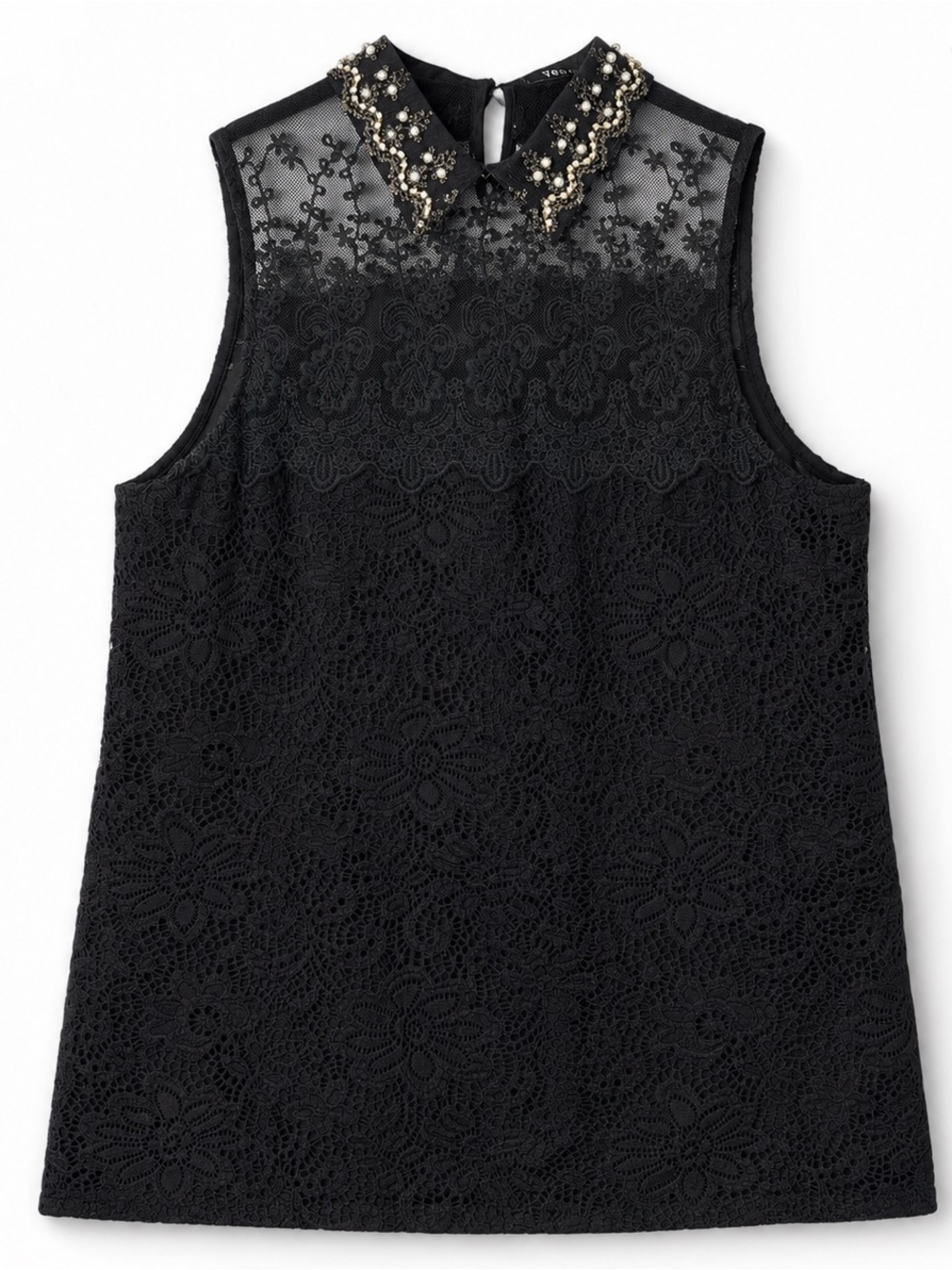Verty Black Lace Blouse M Pearl Rhinestone Embellished Collar Sheer Gothic